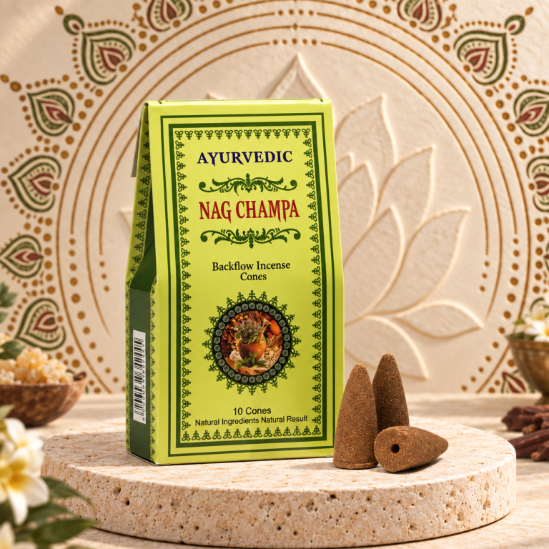 Ayurvedic Nag Champa kadilni stožci s povratnim tokom in originalna zelena embalaža