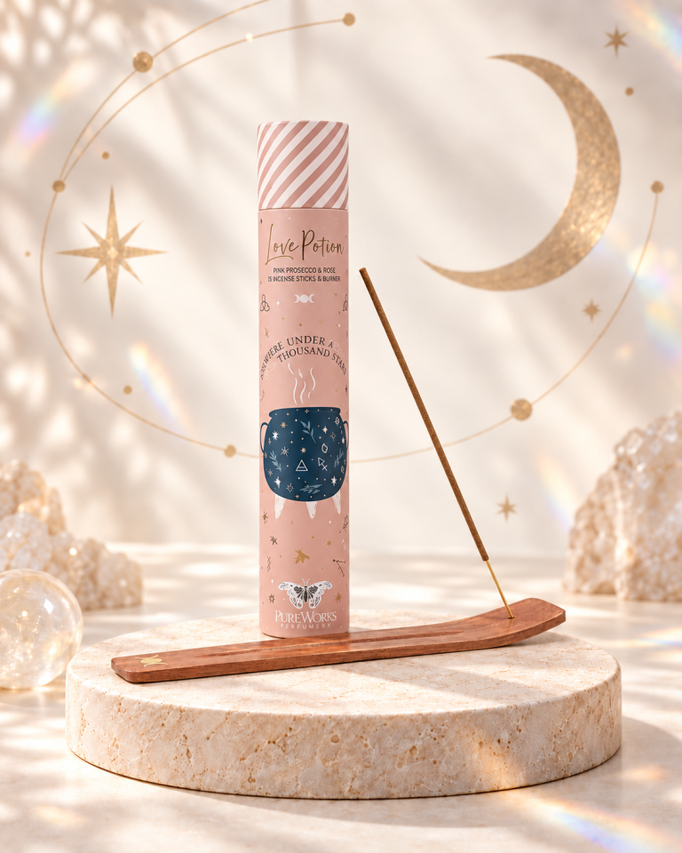 Kadilne palčke Celestial Magic Love Potion v rožnatem tulcu z lesenim podstavkom