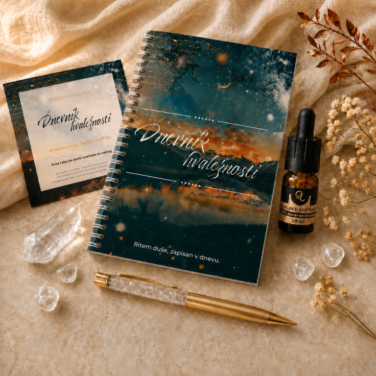 Svetlobni ritualni paket hvaležnosti z 9-tedenskim spiralnim dnevnikom, Kapljicami svetlobe, kristalnim pisalom in ritualno kartico.