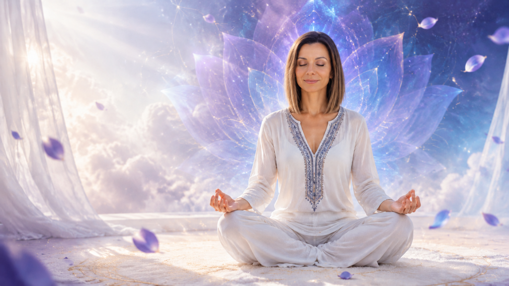 Ženska v meditaciji za čakro tretjega očesa, intuicijo in notranjo modrost