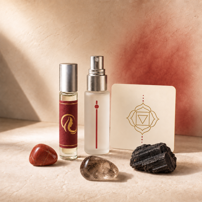 Energijski paket za korensko čakro Muladharo z aromatičnim roll onom, esenco in tremi izbranimi kristali.
